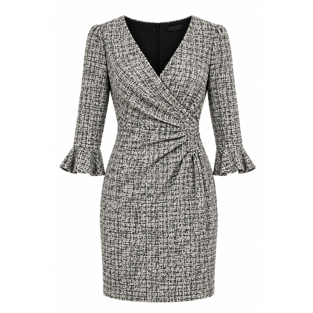 Lauren Ralph Lauren Tweed Black White Sheath Vneck‎ Lined Light Academia Dress 8